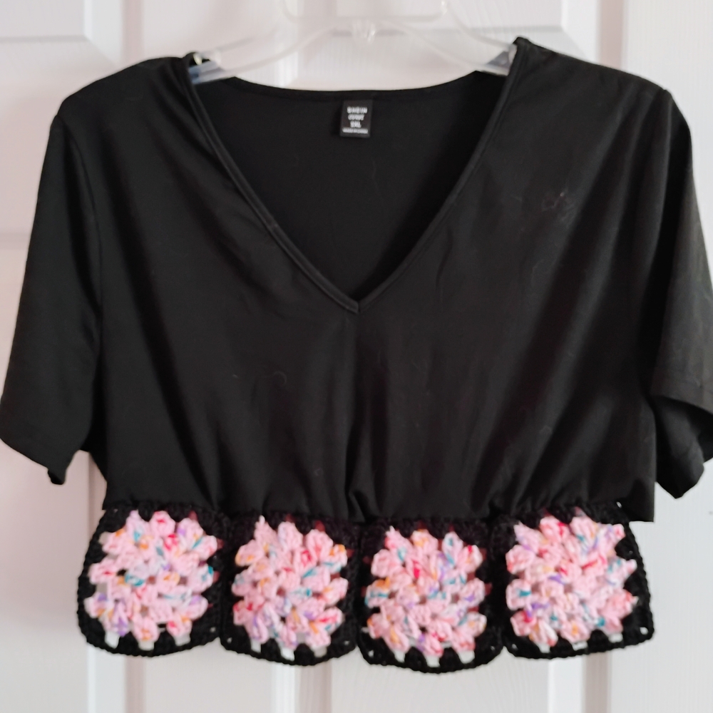 SHEIN Black Top with Colorful Crochet Accents